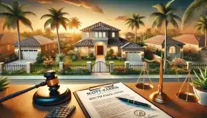 A gated South Florida residential community with palm trees, well-maintained homes, and a legal contract on a desk. A gavel and scales of justice symbolize HOA rules, homeowner rights, and obligations.