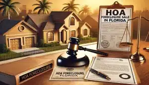 HOA foreclosure sales in Florida featuring a foreclosure auction gavel, a residential property with a foreclosure sign, and legal documents on a desk.