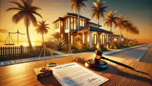 A South Florida coastal neighborhood at sunset featuring a modern home, palm trees, and a legal contract on a wooden desk. A gavel and scales of justice symbolize real estate closing costs.